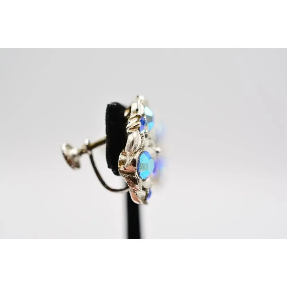 Star Vintage Screw Back Earring Blue AB Rhinestone Crystal Enamel Signed BinAB
